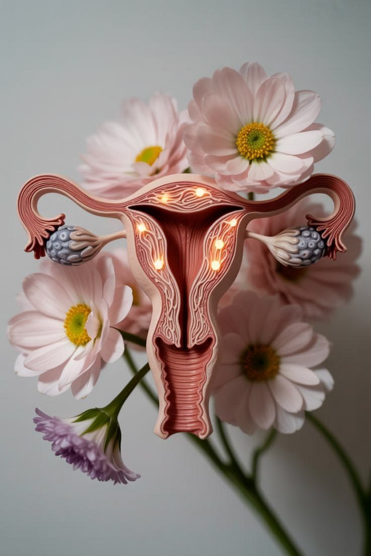 Représentation symbolique du système hormonal entourée de fleurs