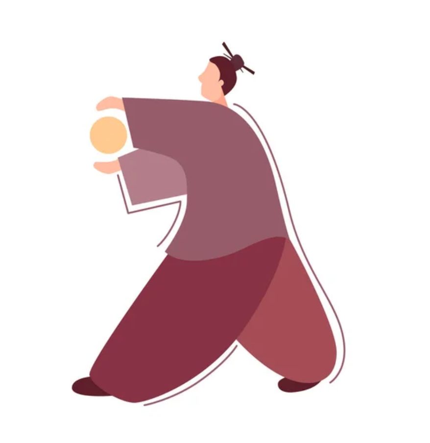Illustration d'une posture de Qi Gong, silhouette en méditation entourée de motifs symboliques