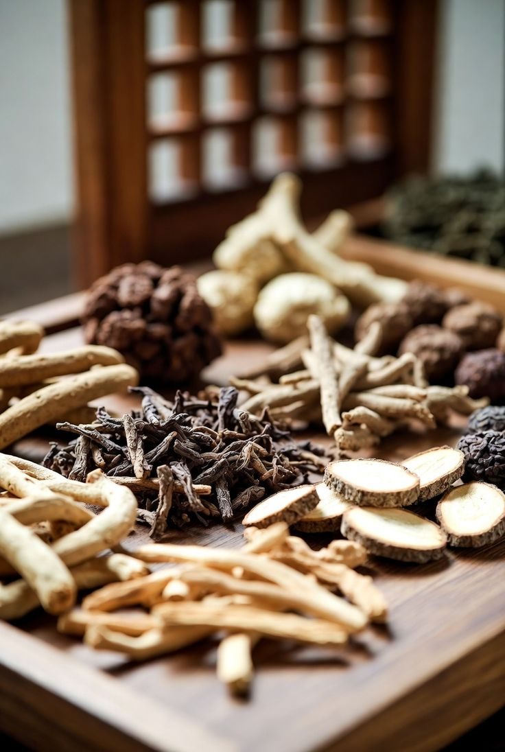 Racines et plantes de la pharmacopée chinoise sur un plateau en bois
